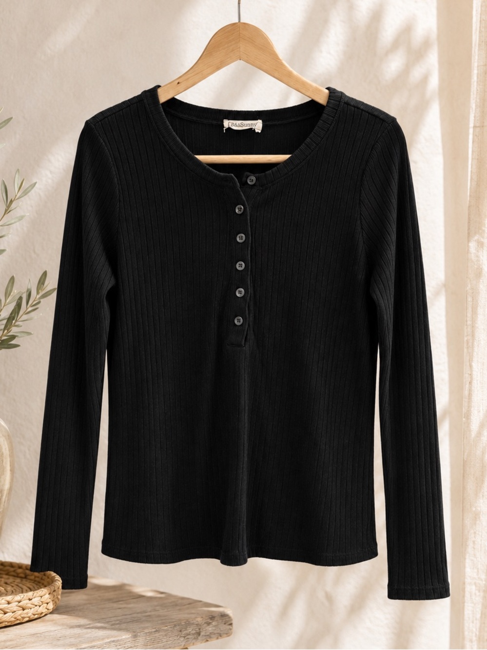 ✨ 78 & Sunny Black Ribbed Henley Long Sleeve Top Boho Minimalist Size M ✨